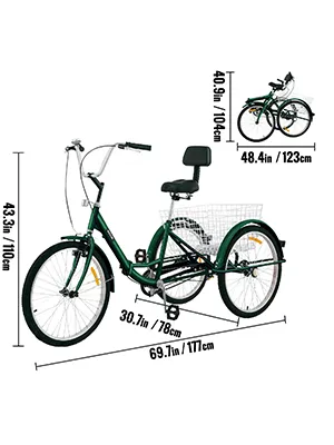 green VEVOR adult tricycle with basket, shown with dimensions, and a smaller side view.