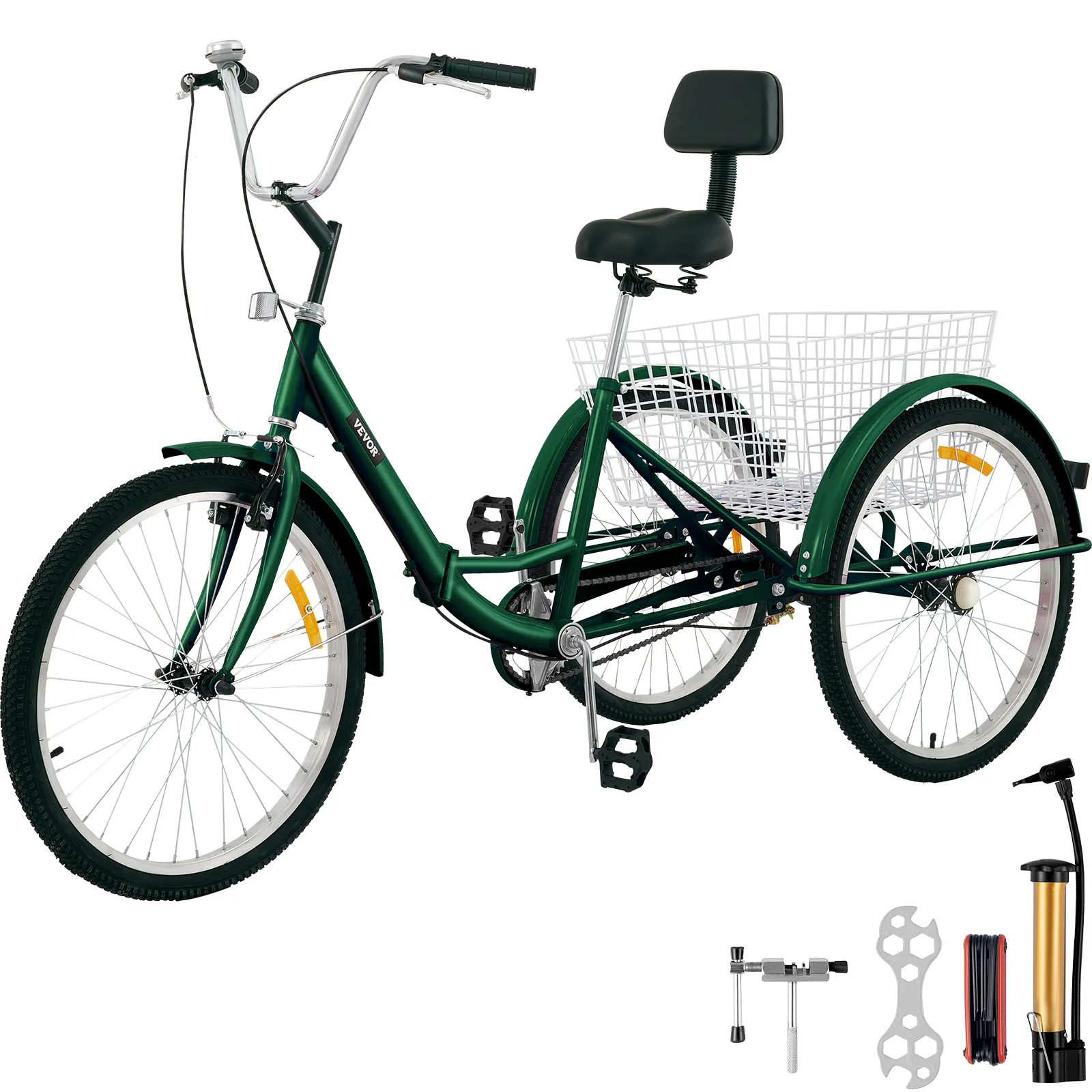 green VEVOR adult tricycle with backrest, white basket, and included accessories.