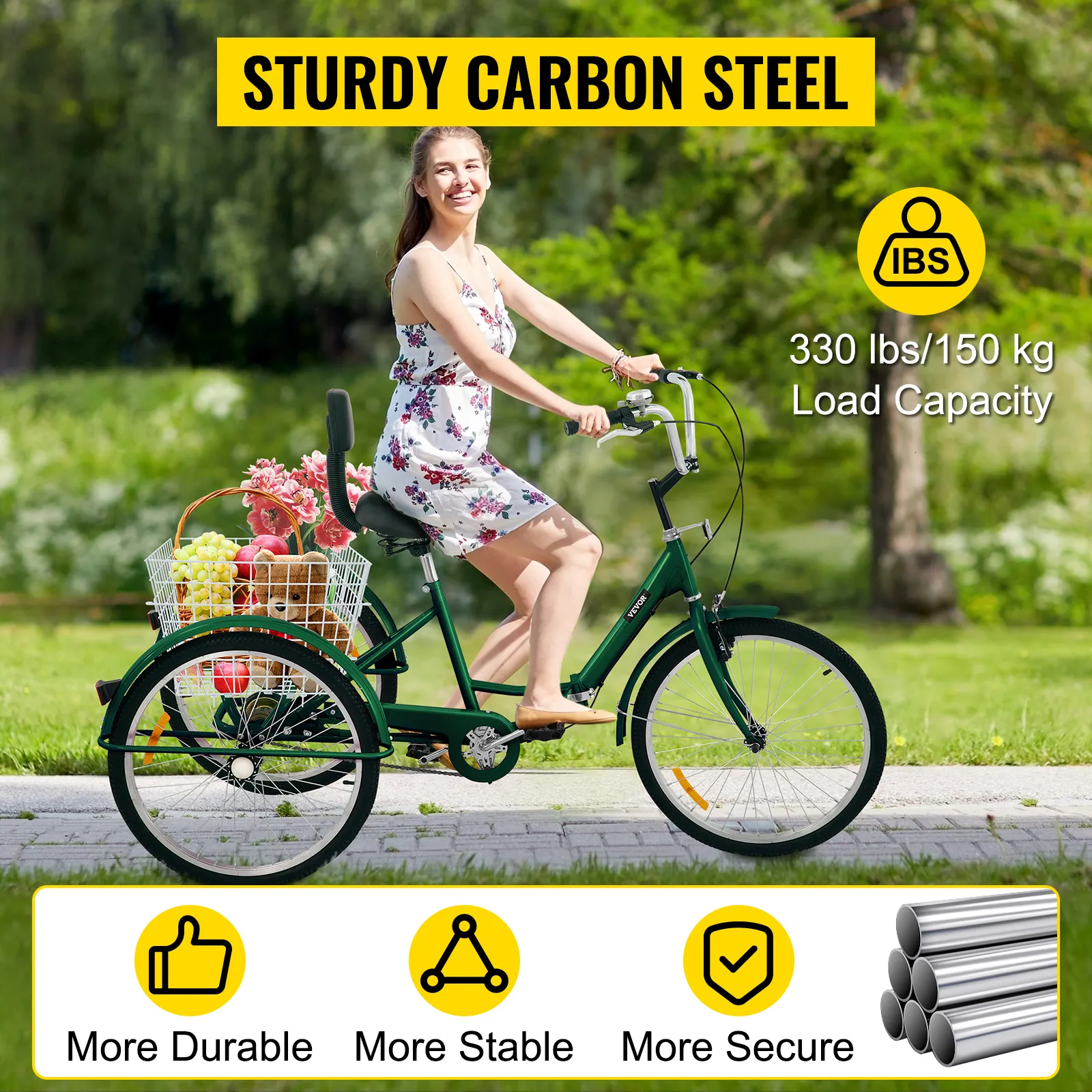 VEVOR adult tricycle, sturdy carbon steel, 330 lbs load capacity, more durable and stable.