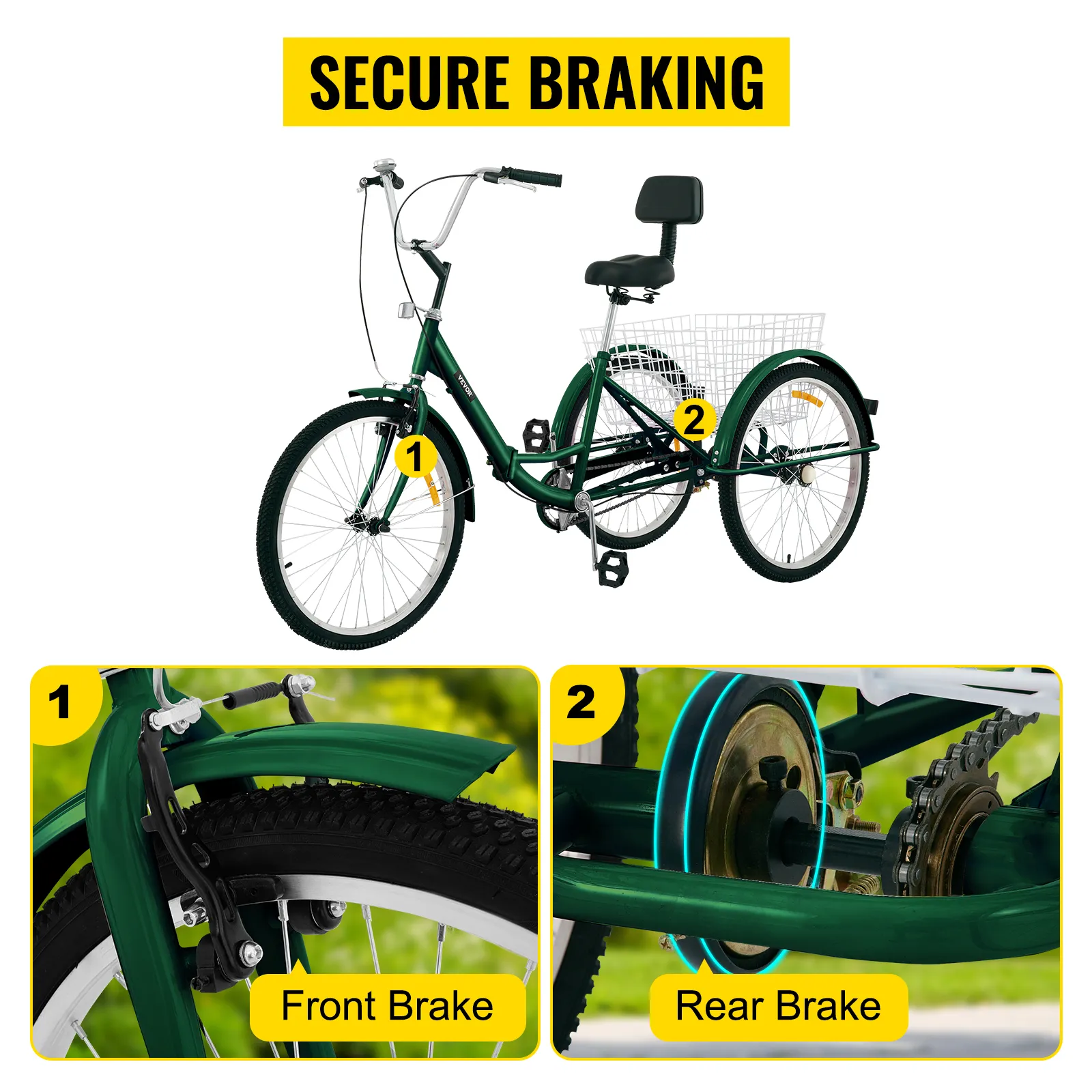 VEVOR adult tricycle with secure front and rear braking system and a rear basket.