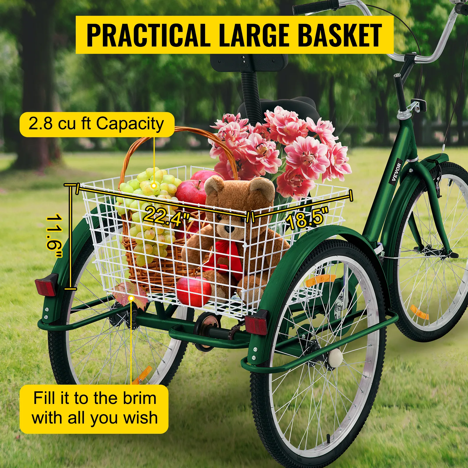 VEVOR adult tricycle with large basket filled with flowers, teddy bear, and fruits.
