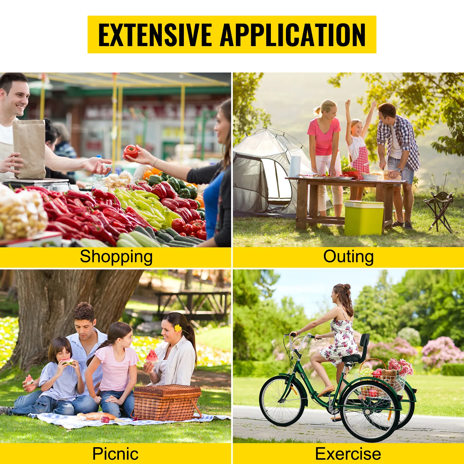 VEVOR adult tricycle for shopping, outings, picnics, and exercise in outdoor settings.