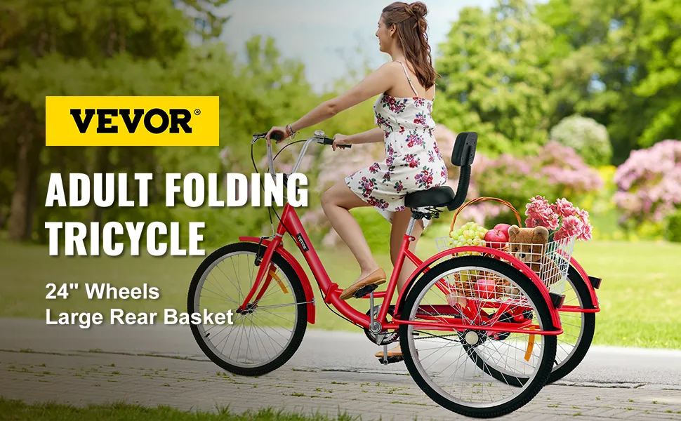 Triciclo plegable para adultos VEVOR con ruedas de 24" y canasta trasera grande en un entorno de parque.