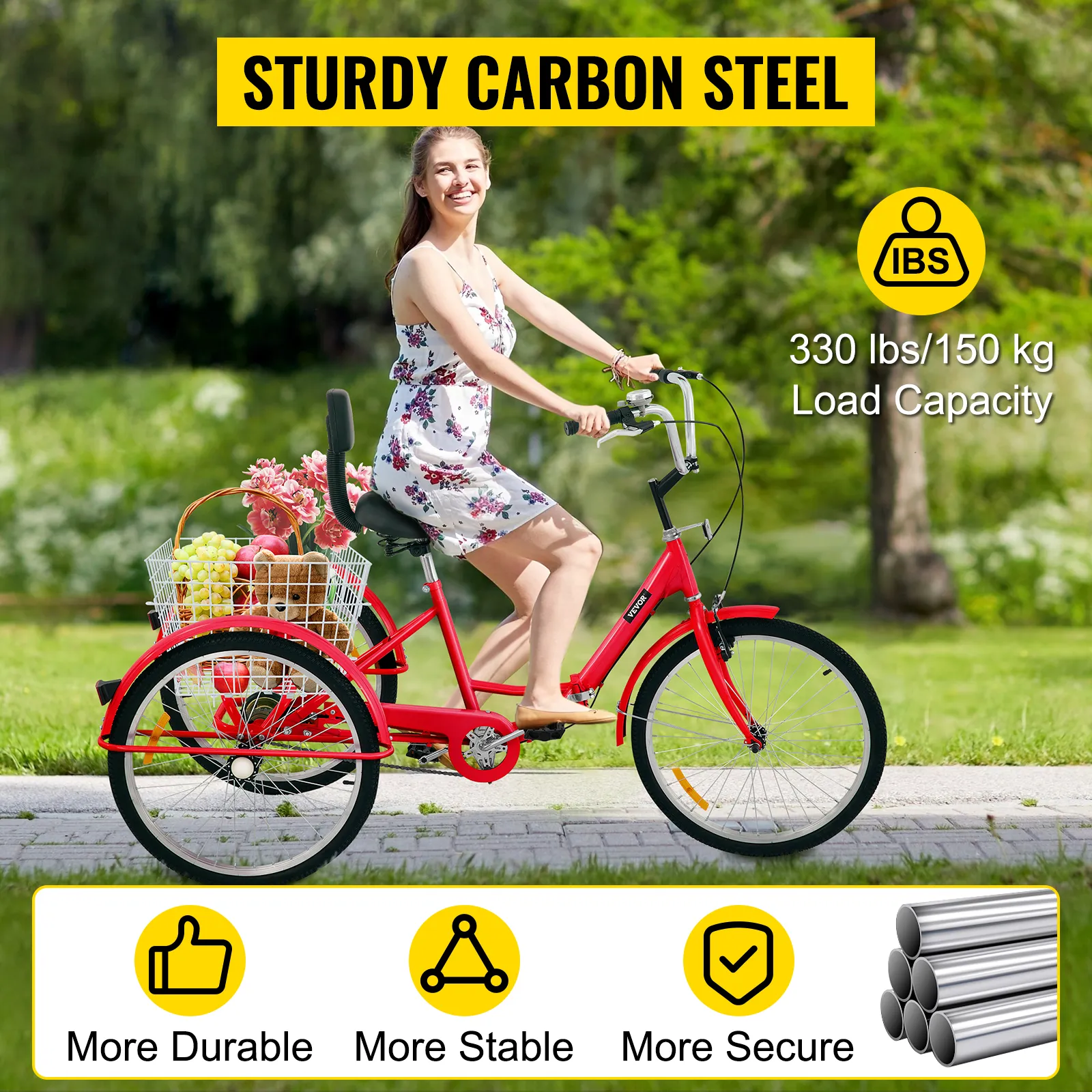 Triciclo para adultos VEVOR en color rojo con canasta trasera, acero al carbono resistente y capacidad de carga de 330 libras.