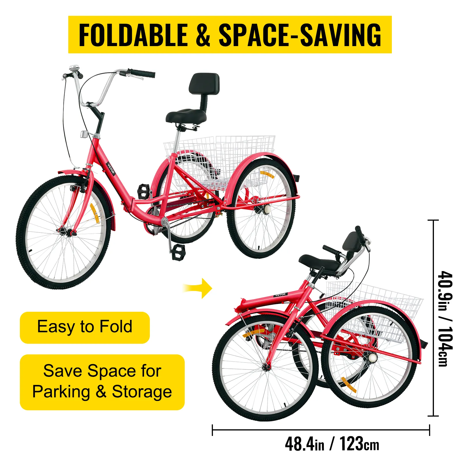 Triciclo para adultos VEVOR plegable, ahorra espacio, fácil de plegar para estacionar y almacenar.