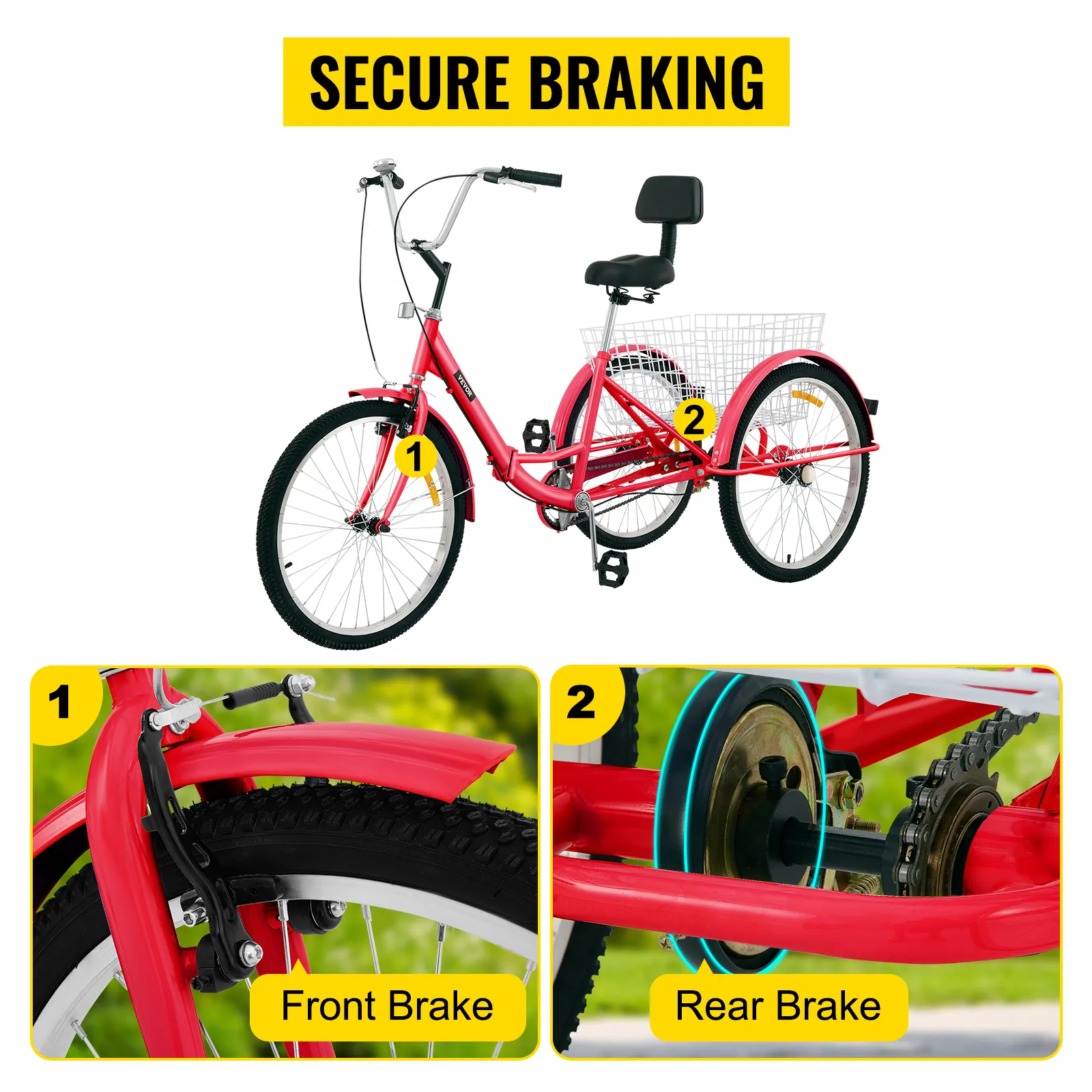 Triciclo para adultos VEVOR con sistema de frenado delantero y trasero seguro, cuadro rojo y cesta trasera.