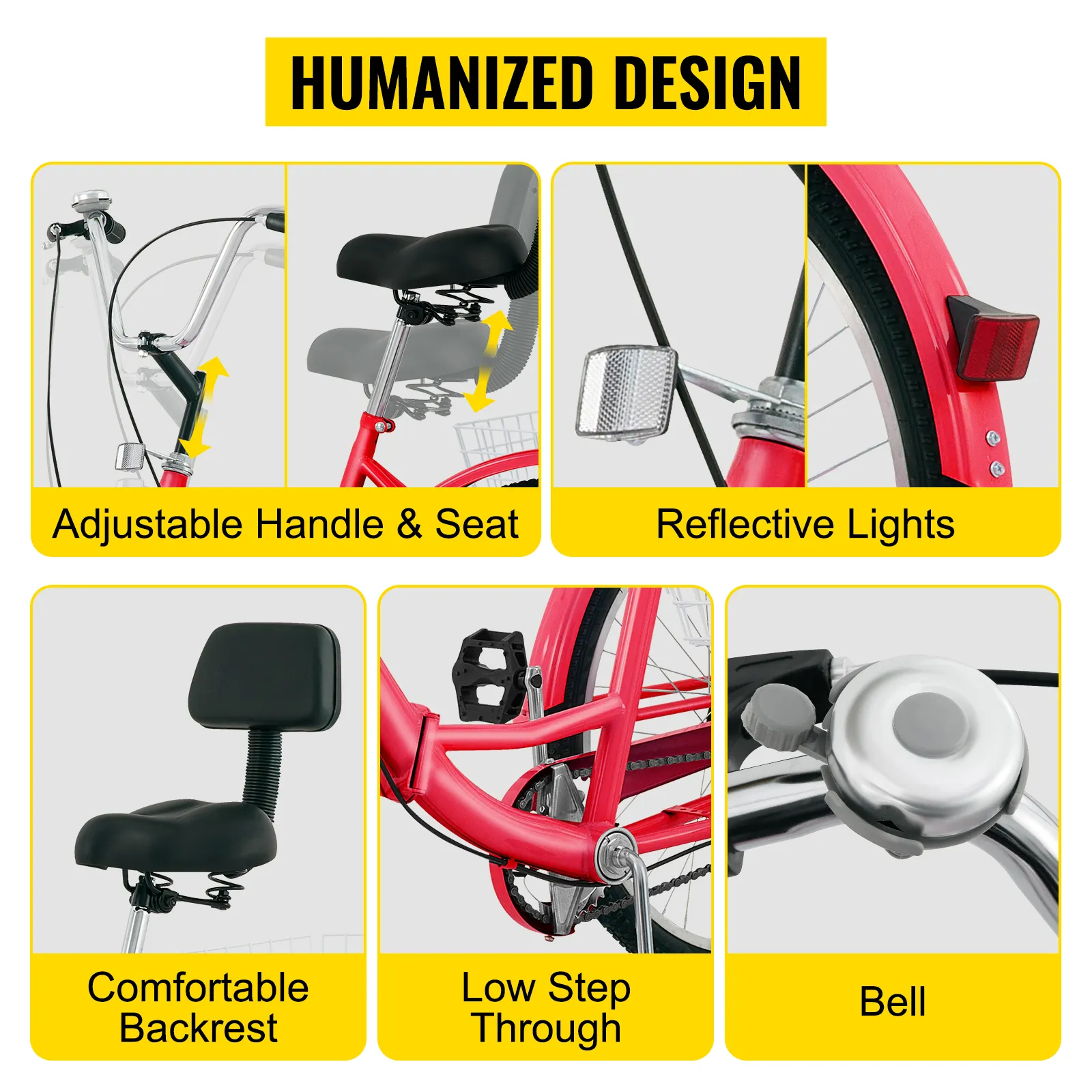 El triciclo para adultos VEVOR cuenta con un manillar ajustable, luces reflectantes y un respaldo cómodo.