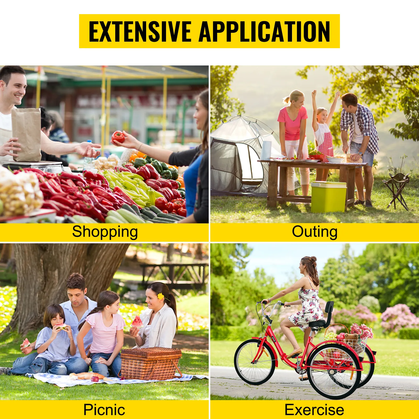 Amplia aplicación del triciclo para adultos VEVOR: compras, salidas, picnic, ejercicio.