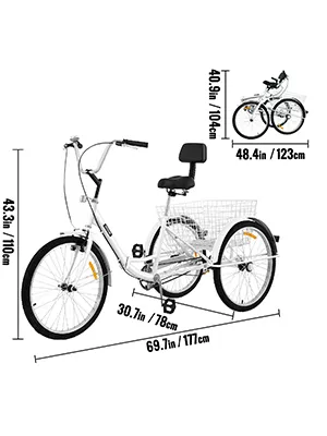 VEVOR adult tricycle with measurements; large rear basket, adjustable handlebar and seat.