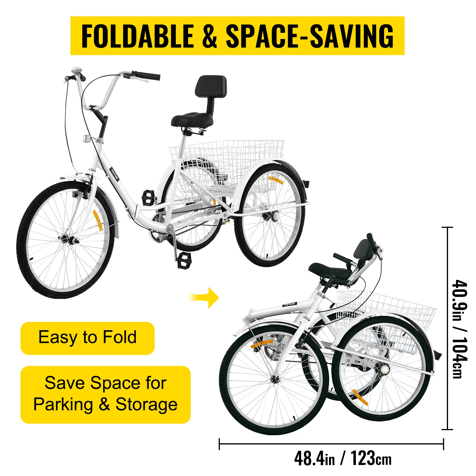 VEVOR adult tricycle, foldable and space-saving, easy to fold for parking and storage.