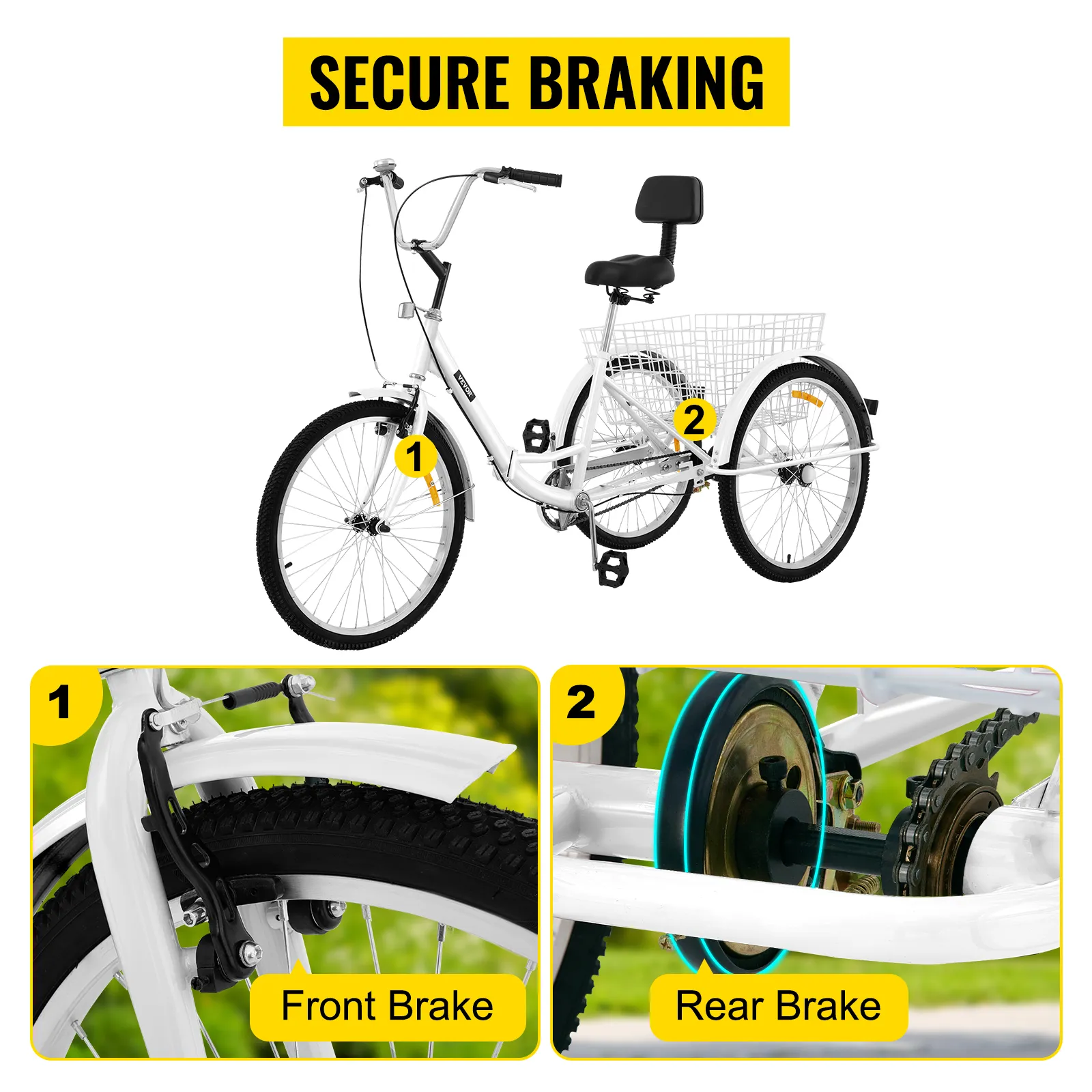 VEVOR adult tricycle with front and rear brake system for secure braking.