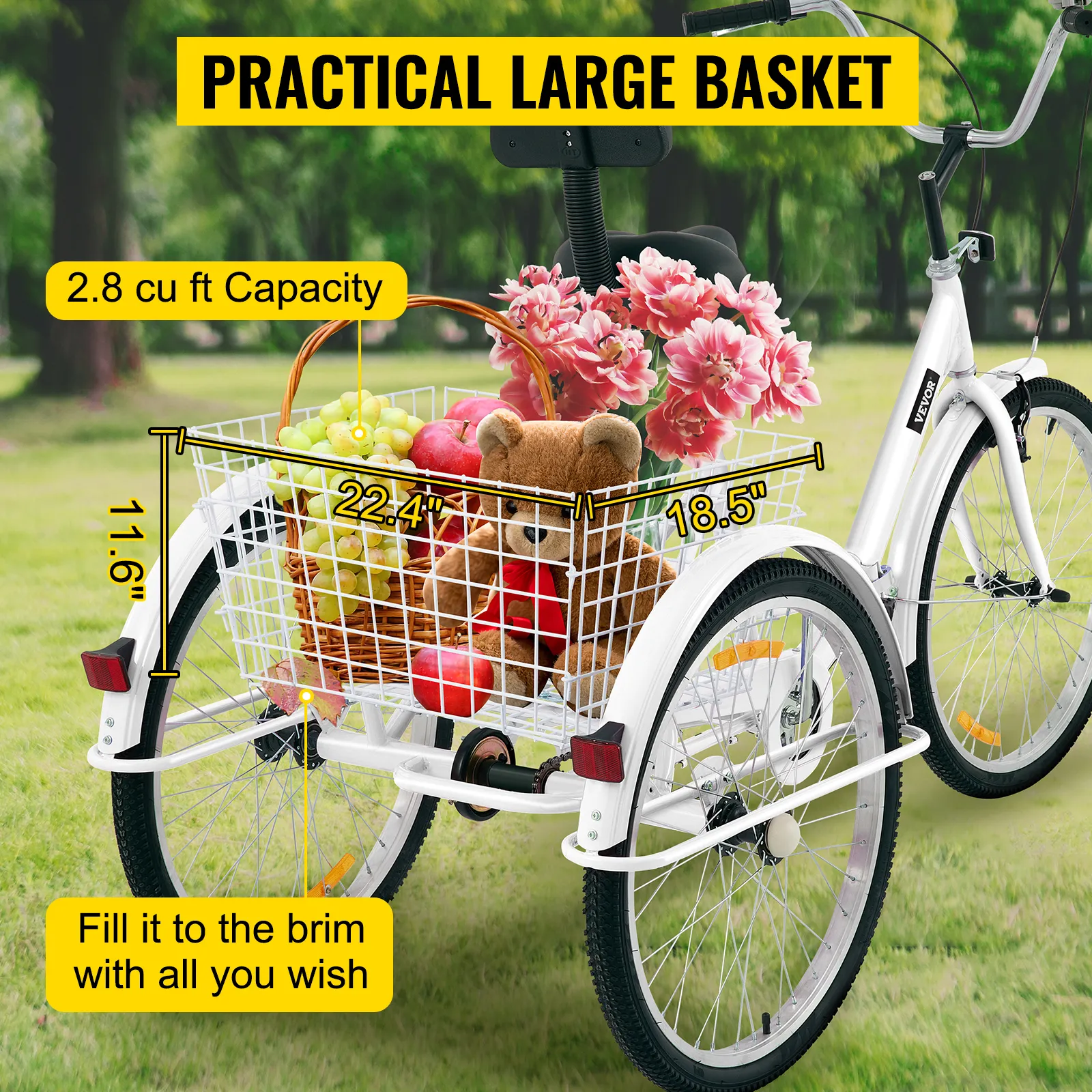 VEVOR adult tricycle with a large rear basket filled with flowers, fruit, and a teddy bear.