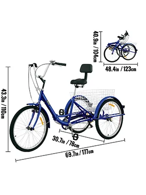 Triciclo para adultos VEVOR azul con dimensiones y cesta trasera.