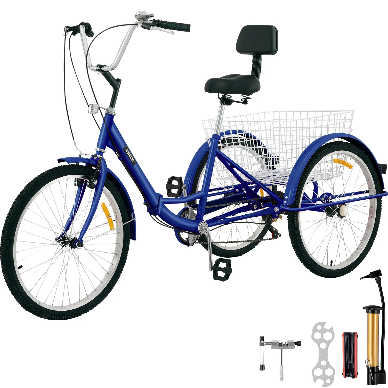 Triciclo para adultos VEVOR azul con cesta trasera, herramientas, bomba y asiento acolchado.