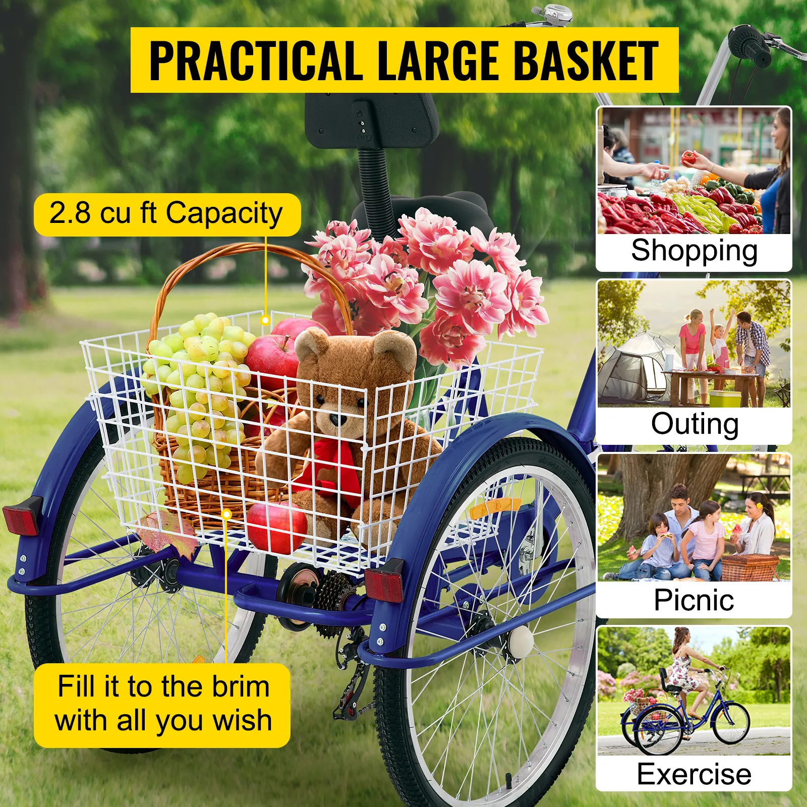 Triciclo para adultos VEVOR con cesta grande para compras, picnics y actividades de ejercicio.