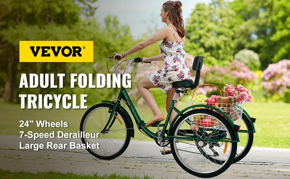 Triciclo para adultos VEVOR con ruedas de 24" y una gran cesta trasera en un jardín verde.