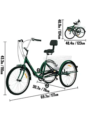 Triciclo para adultos VEVOR verde con cesta trasera grande y dimensiones de medida mostradas.
