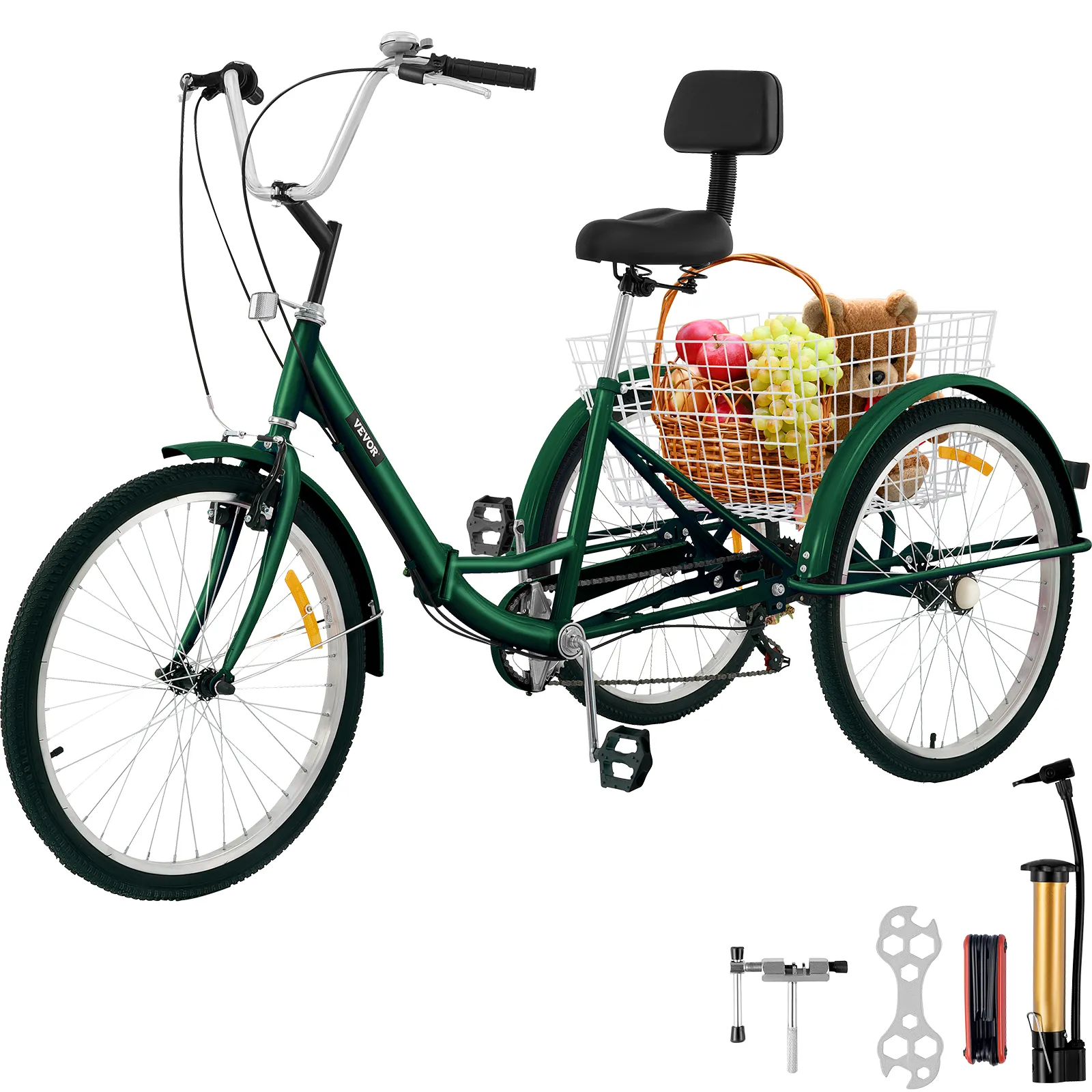 Triciclo para adultos VEVOR en color verde con cesta trasera llena de frutas y osito de peluche, herramientas incluidas.