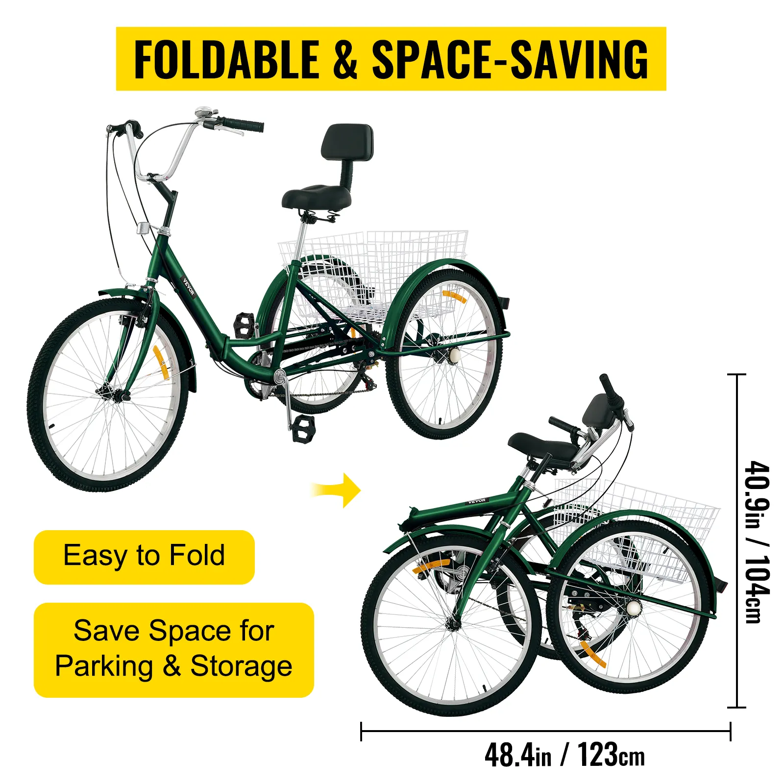 Triciclo para adultos VEVOR, plegable, verde, con cesta; fácil de plegar, diseño que ahorra espacio.