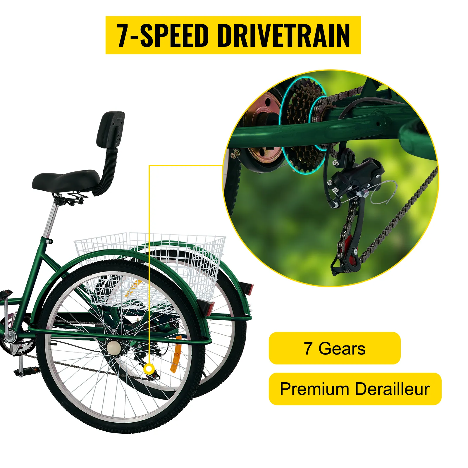 Triciclo para adultos VEVOR con transmisión de 7 velocidades, 7 marchas y desviador premium.