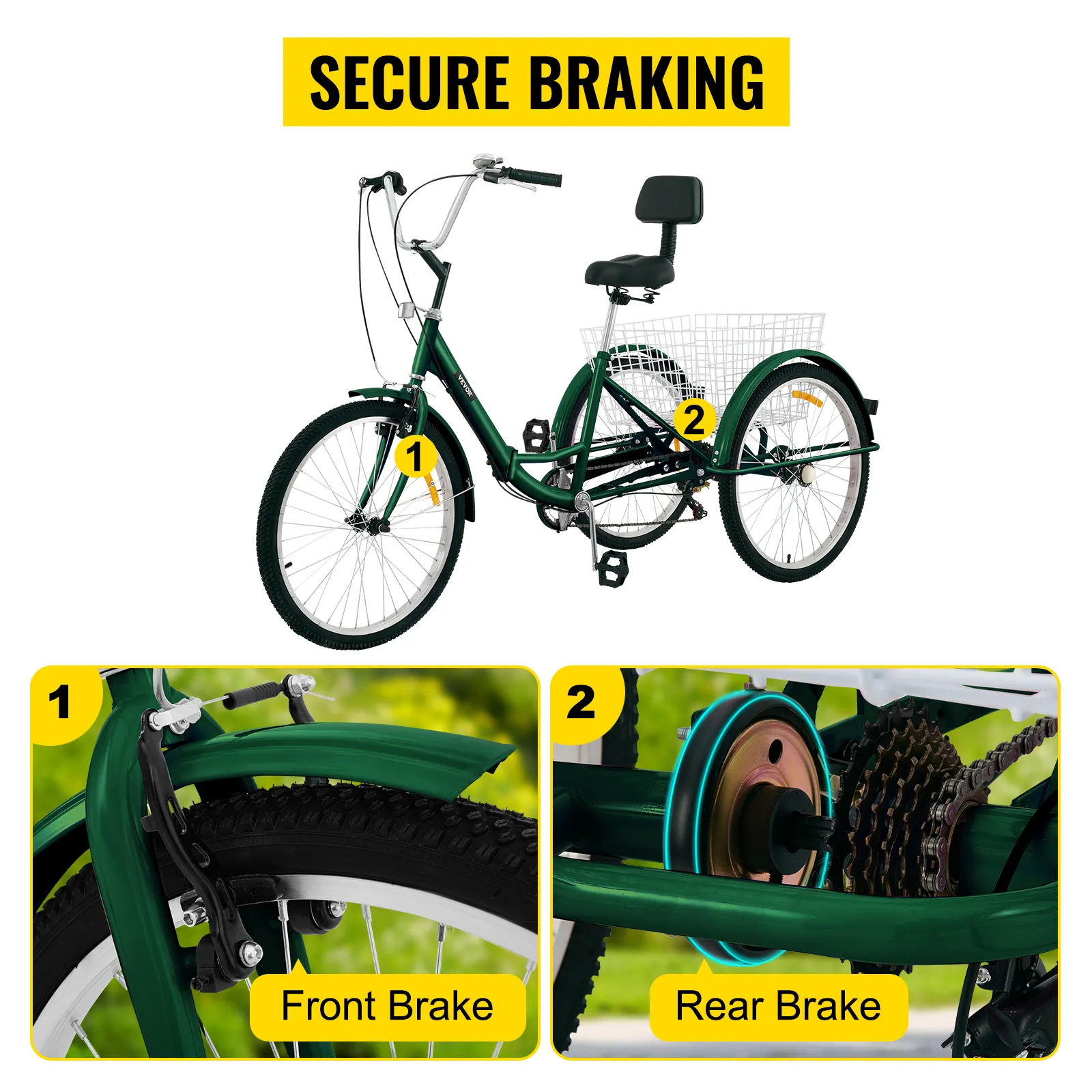 Triciclo para adultos VEVOR con frenos delanteros y traseros para un frenado seguro.
