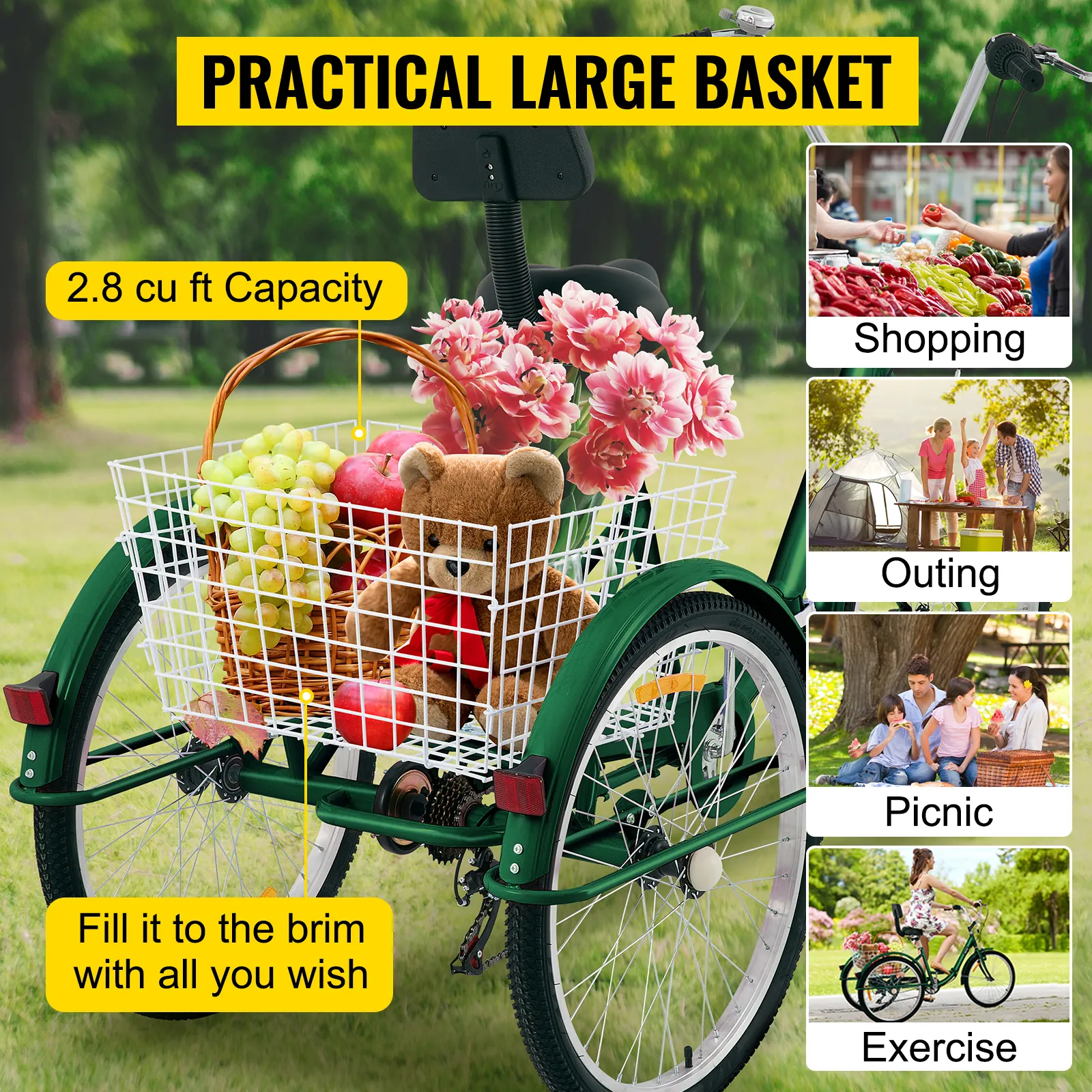 Triciclo para adultos VEVOR con cesta grande de 2,8 pies cúbicos, ideal para ir de compras, salir y hacer ejercicio.