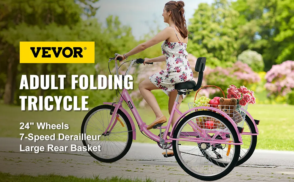 VEVOR adult tricycle with 24" wheels, 7-speed derailleur, and large rear basket in park.
