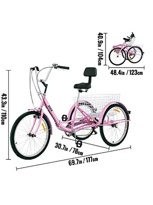 pink VEVOR adult tricycle with a large rear basket and measurement details displayed.