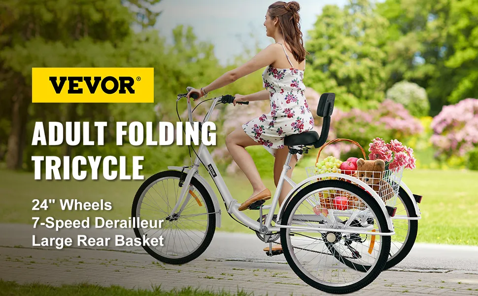 VEVOR adult tricycle with 24" wheels, 7-speed derailleur, and large rear basket in use.