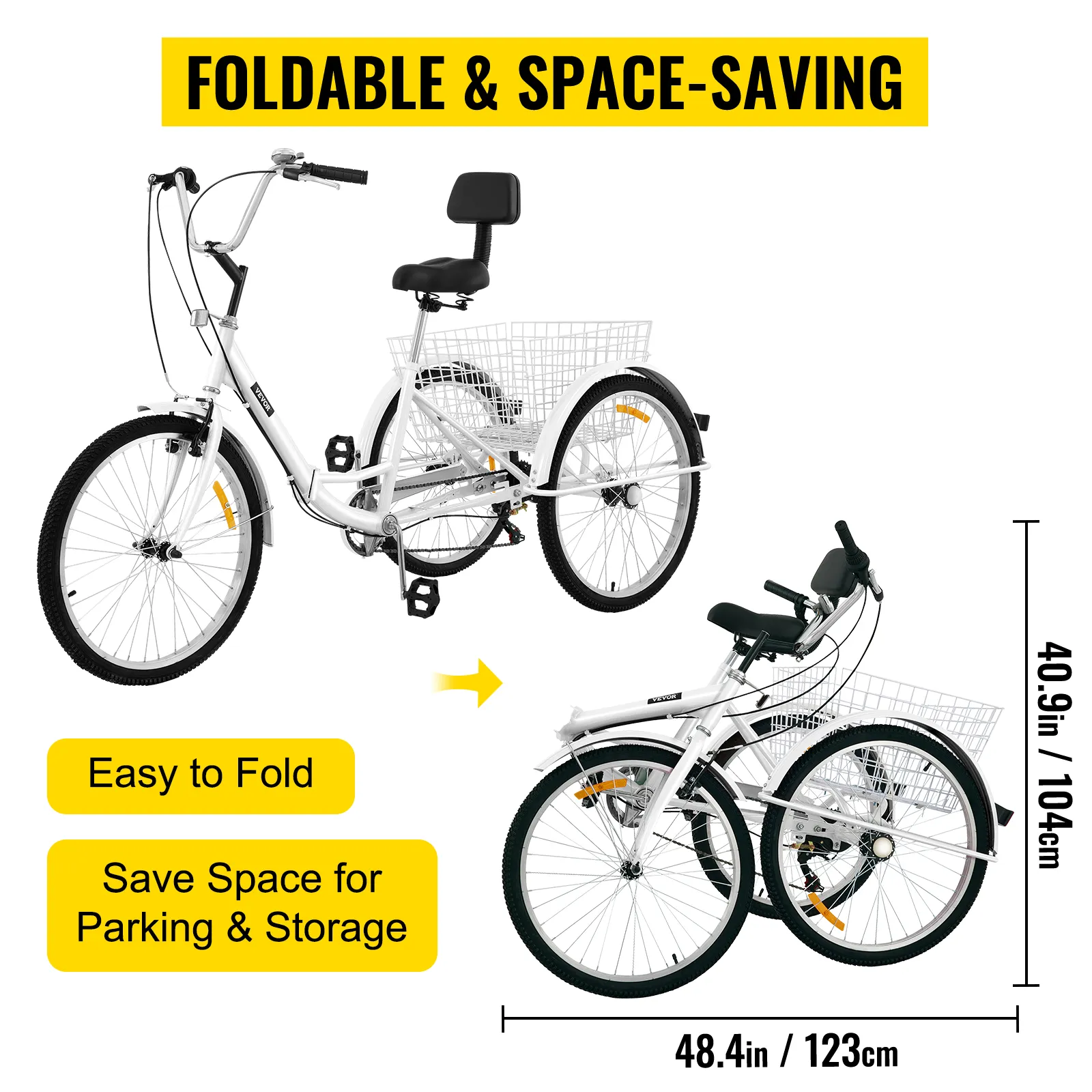 foldable VEVOR adult tricycle, easy to fold, space-saving design for parking and storage.
