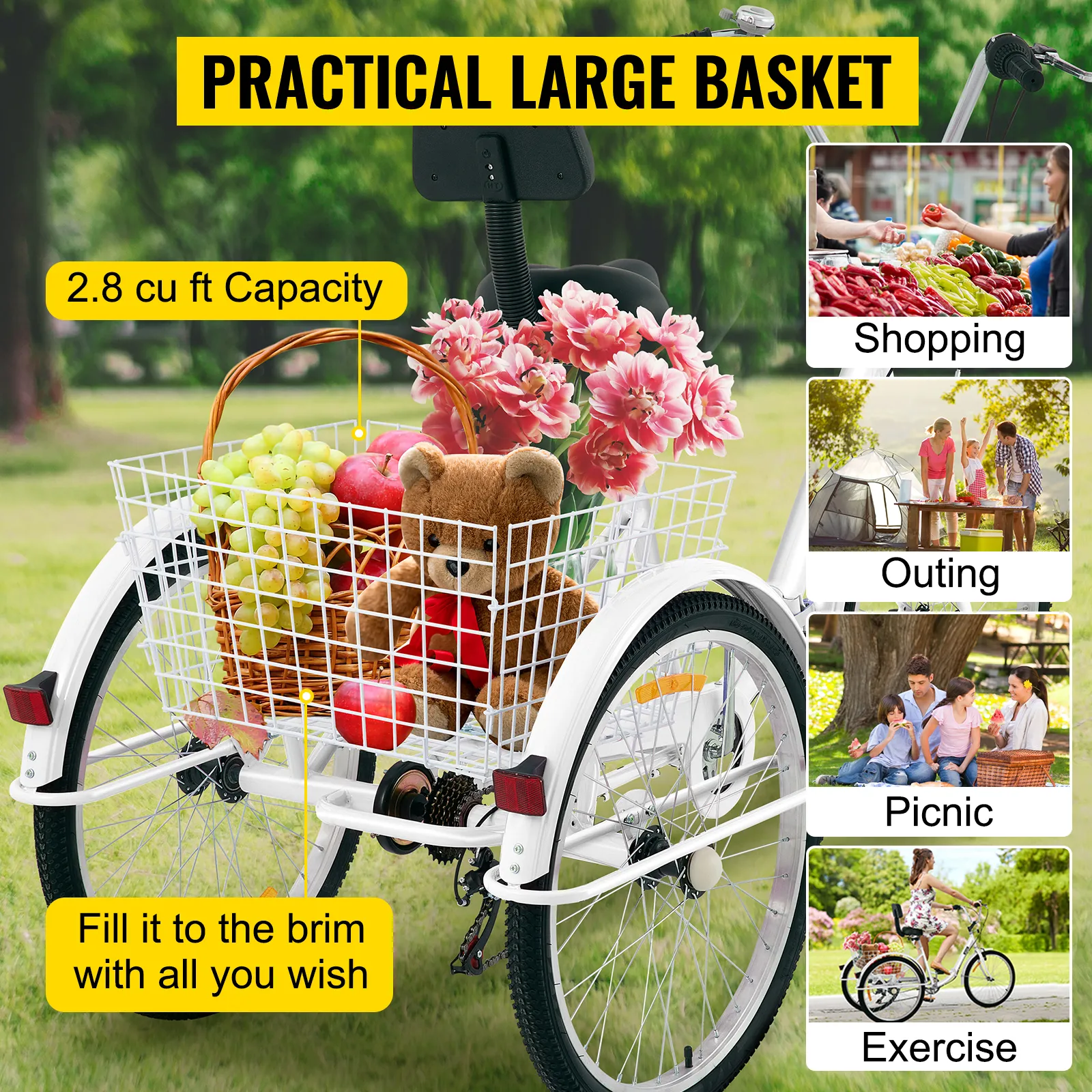 VEVOR adult tricycle with large basket for shopping, outings, picnic, and exercise.