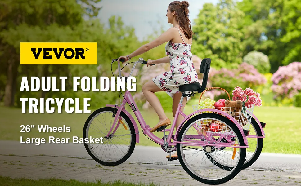 Triciclo para adultos VEVOR con ruedas de 26" y gran cesta trasera, ideal para paseos al aire libre.