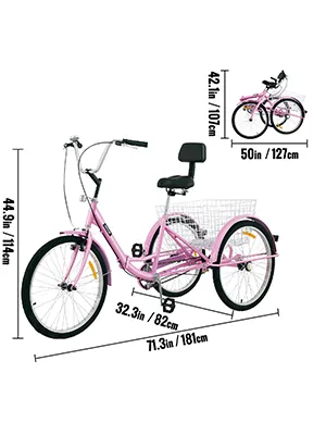 Triciclo para adultos VEVOR rosa con cesta, dimensiones etiquetadas para altura y longitud.