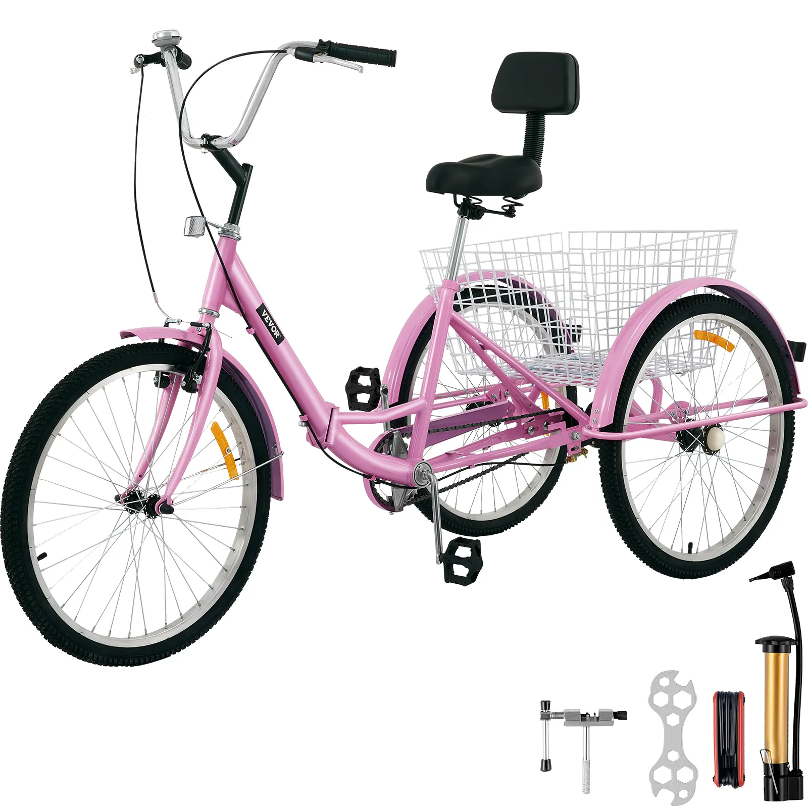 Triciclo para adultos VEVOR rosa con cesta, asiento ajustable y herramientas de reparación incluidas.