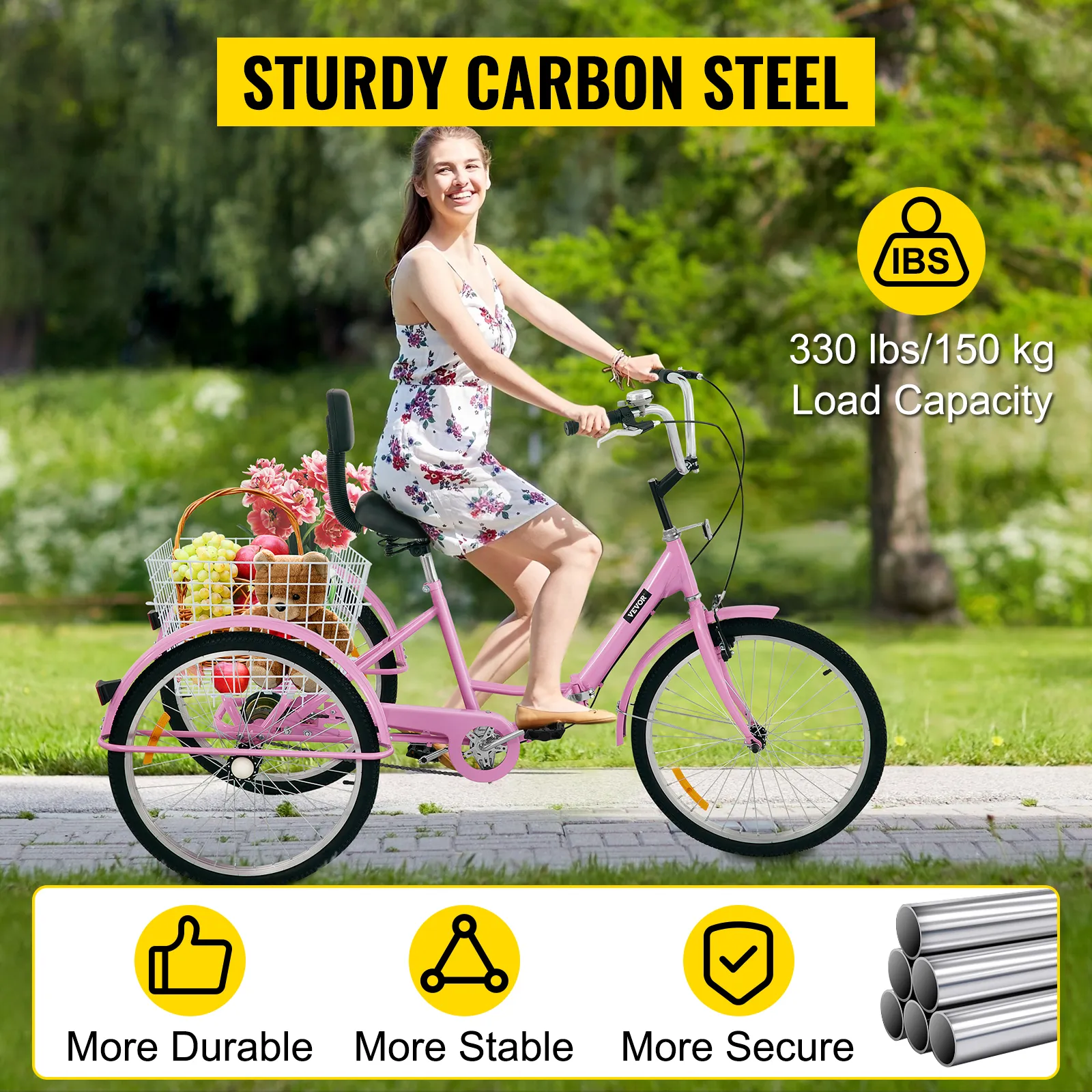 Triciclo para adultos VEVOR: rosa con canasta trasera, acero al carbono resistente, capacidad de carga de 330 libras.