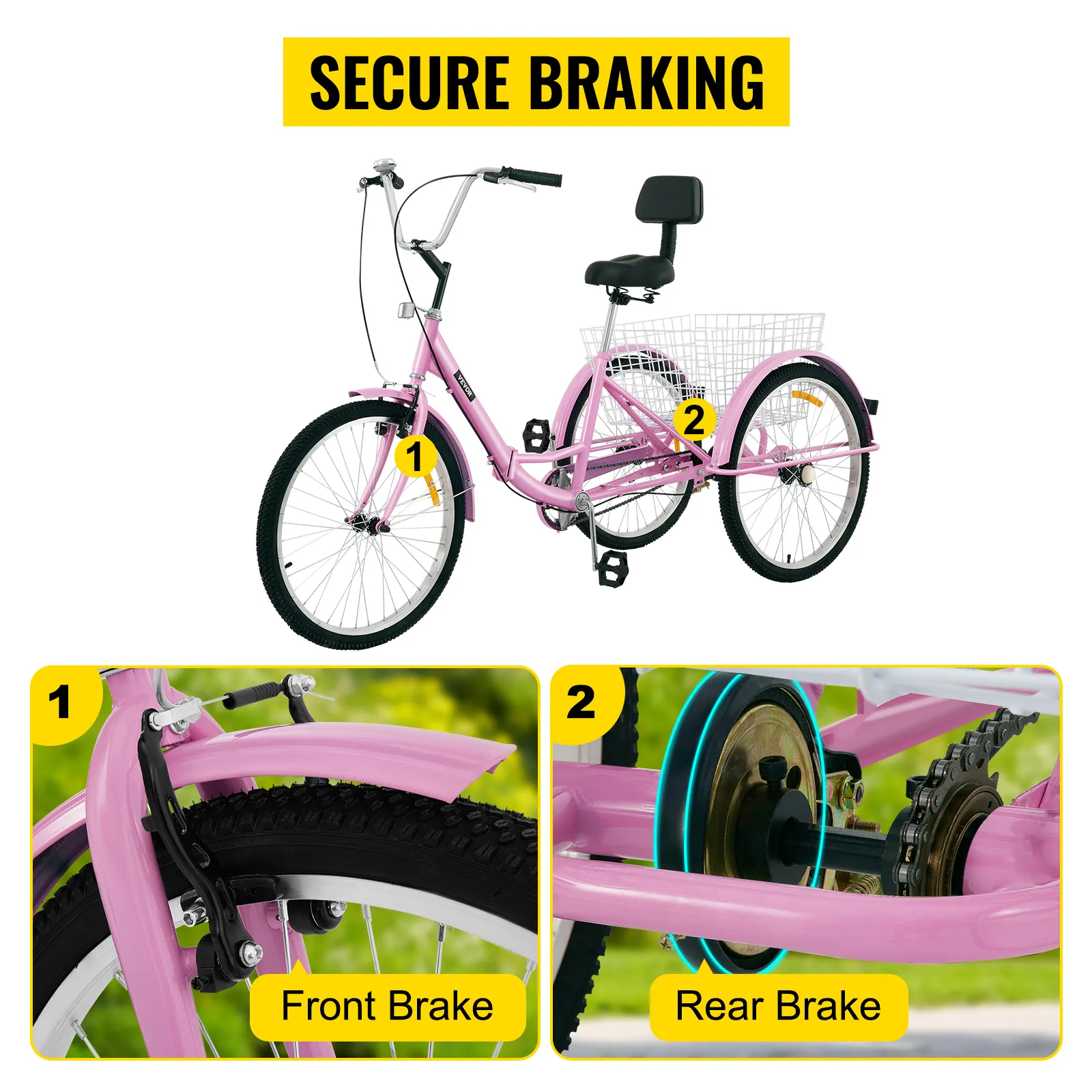 Triciclo para adultos VEVOR en color rosa con frenos delanteros y traseros seguros.