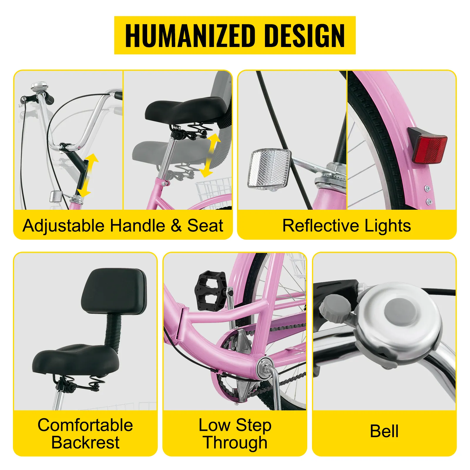 Triciclo para adultos VEVOR con manillar y asiento ajustables, luces reflectantes y respaldo cómodo