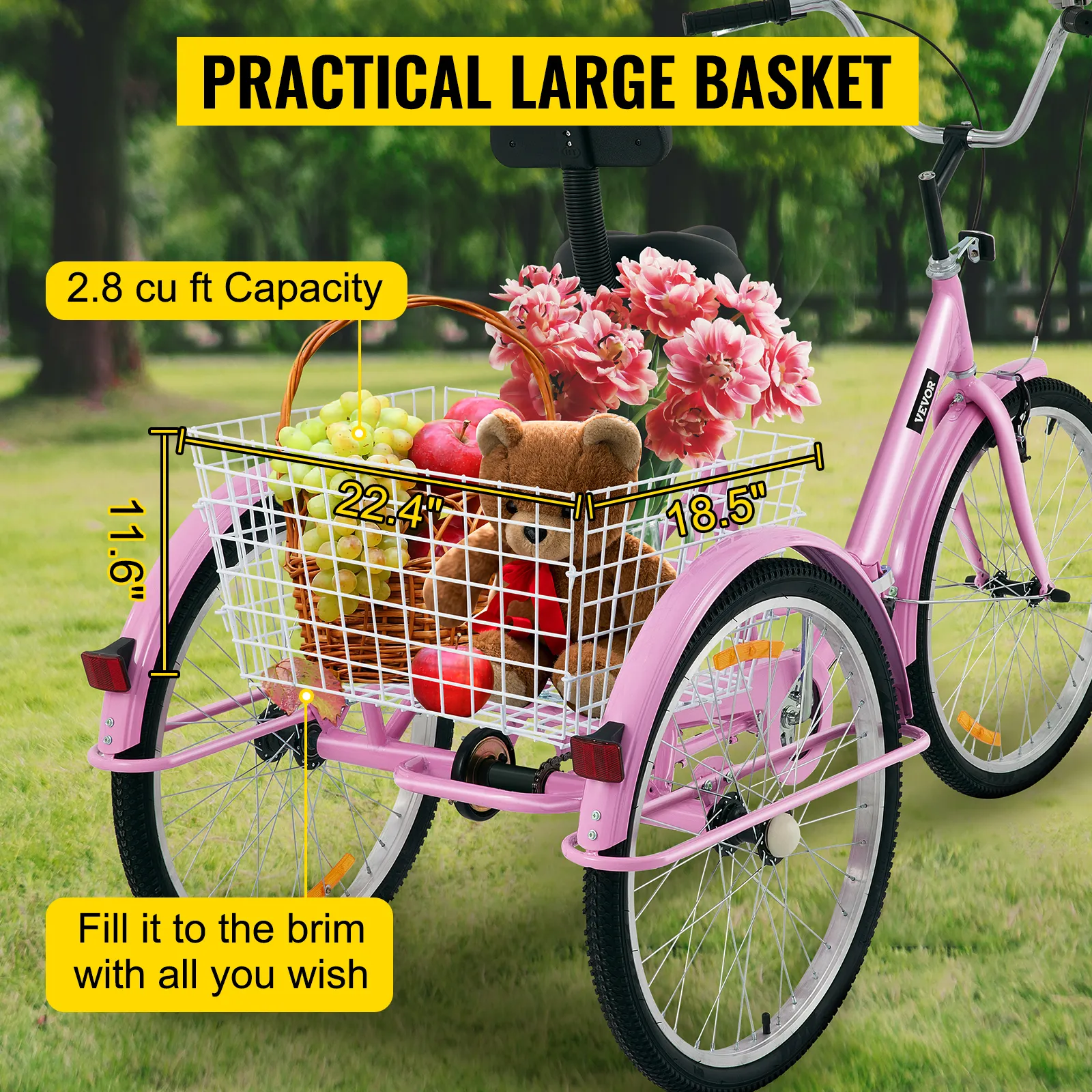 Triciclo para adultos VEVOR con gran cesta trasera llena de flores, frutas y un osito de peluche.