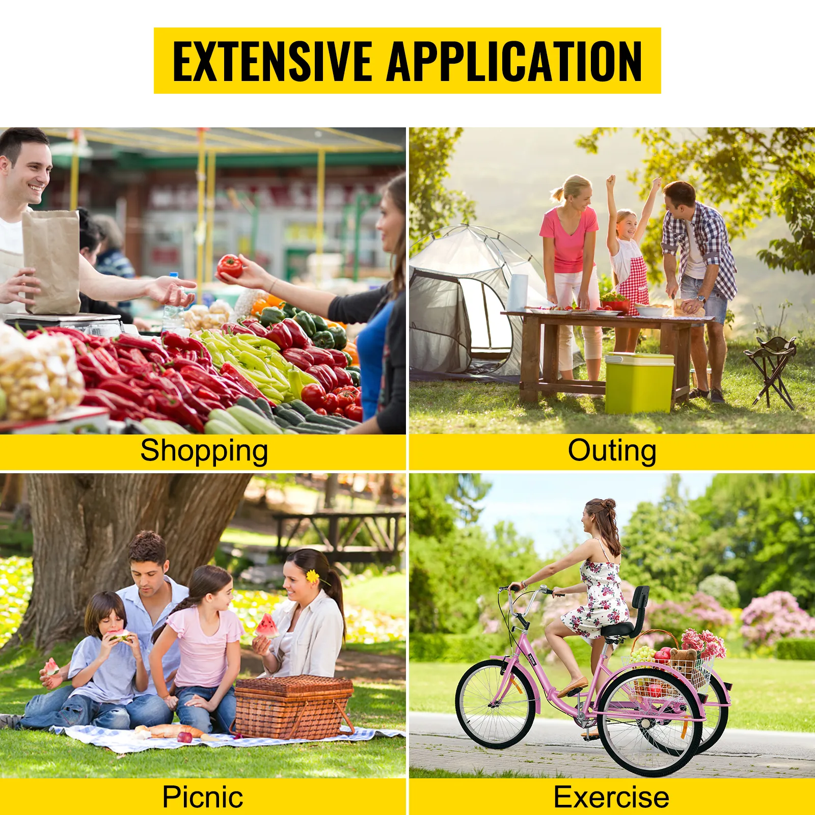 Amplia aplicación del triciclo para adultos VEVOR para compras, salidas, picnic y ejercicio.
