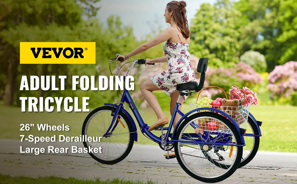 VEVOR adult tricycle with 26" wheels, 7-speed derailleur, and large rear basket.