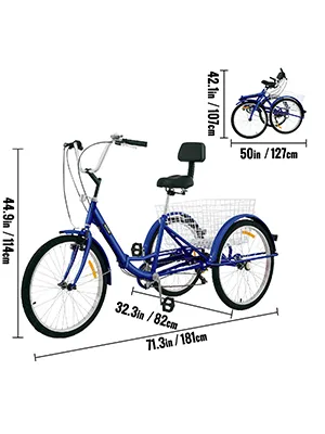 blue VEVOR adult tricycle with basket and dimensions marked in both inches and centimeters.