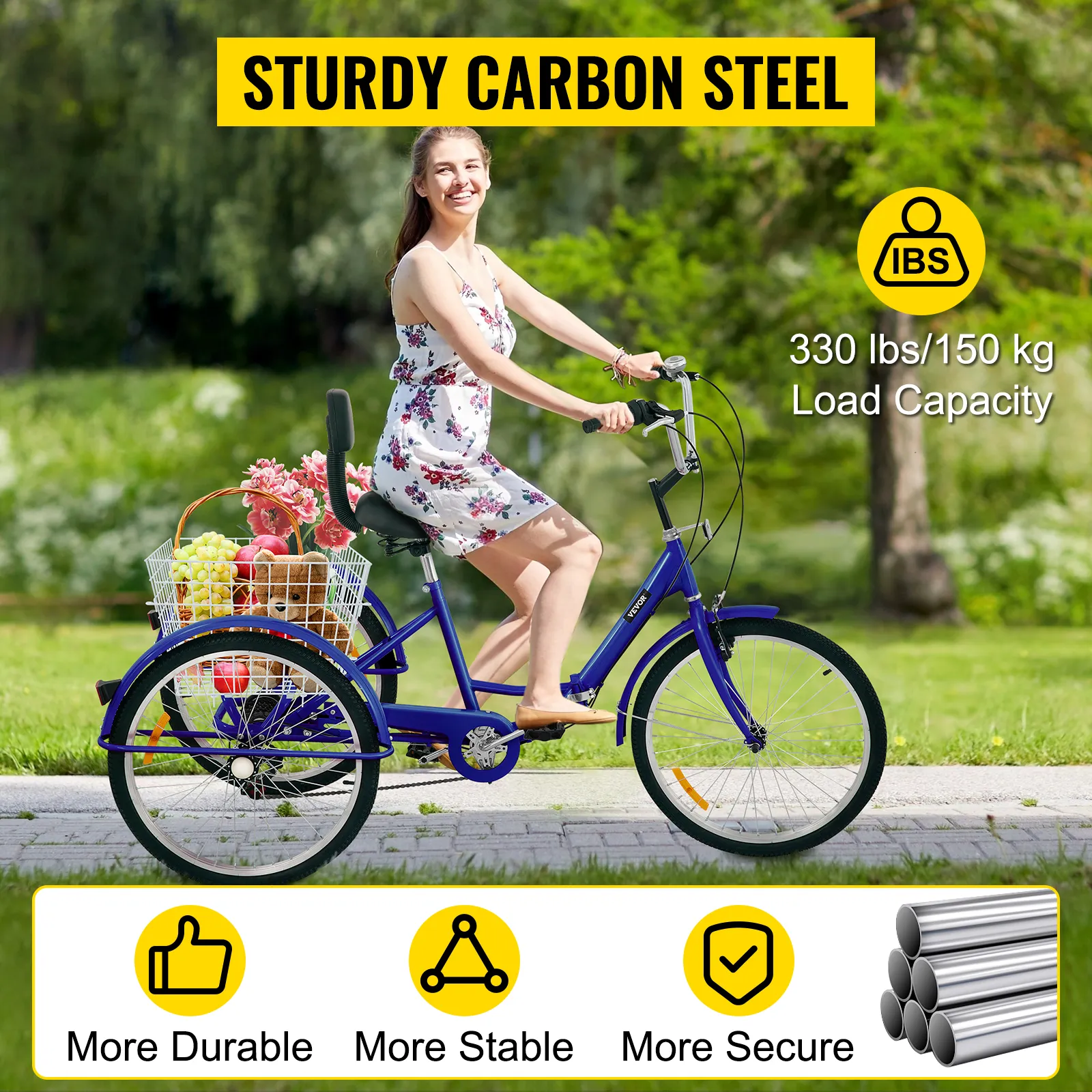 VEVOR adult tricycle in blue with sturdy carbon steel frame and rear basket full of groceries.