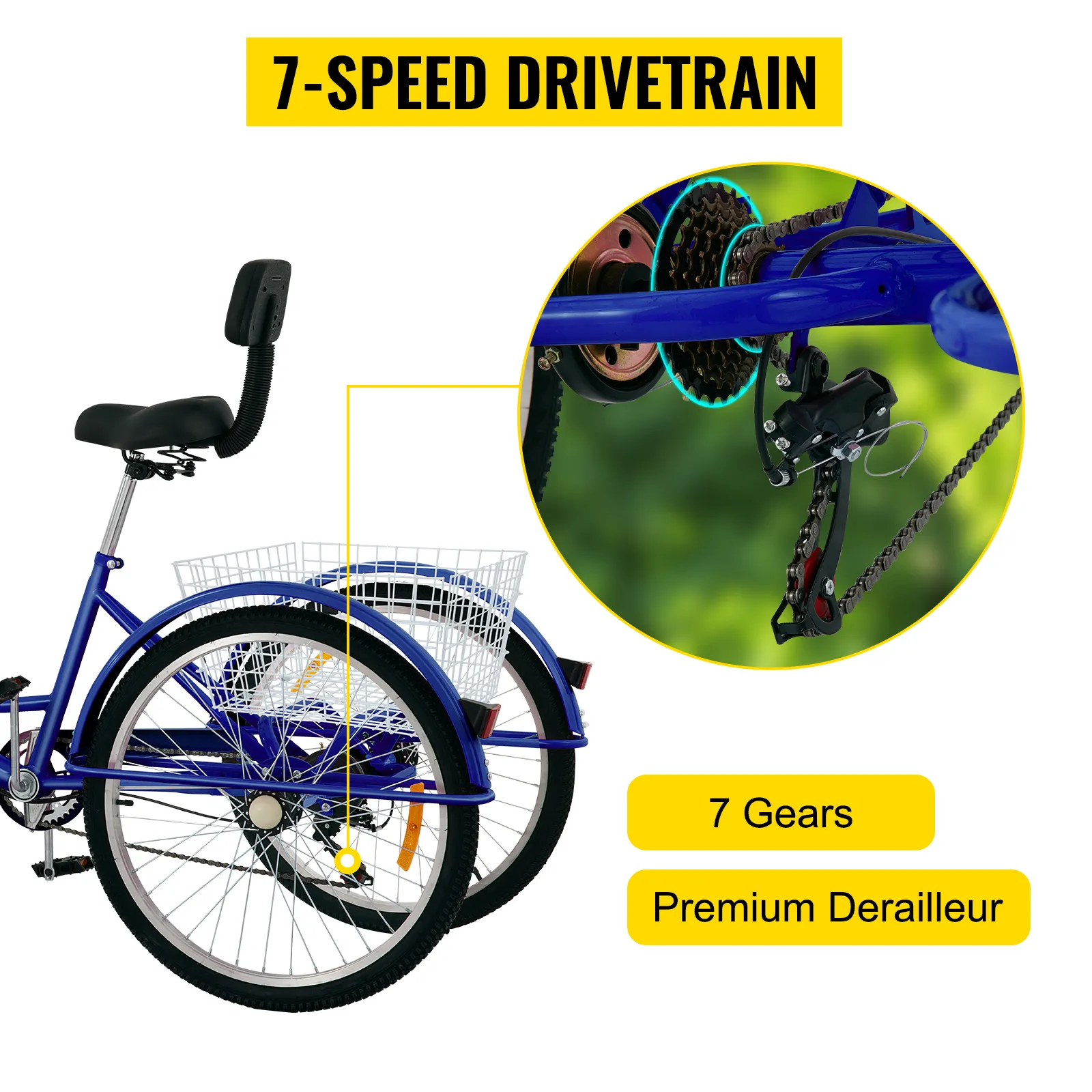 VEVOR adult tricycle with 7-speed drivetrain and premium derailleur.