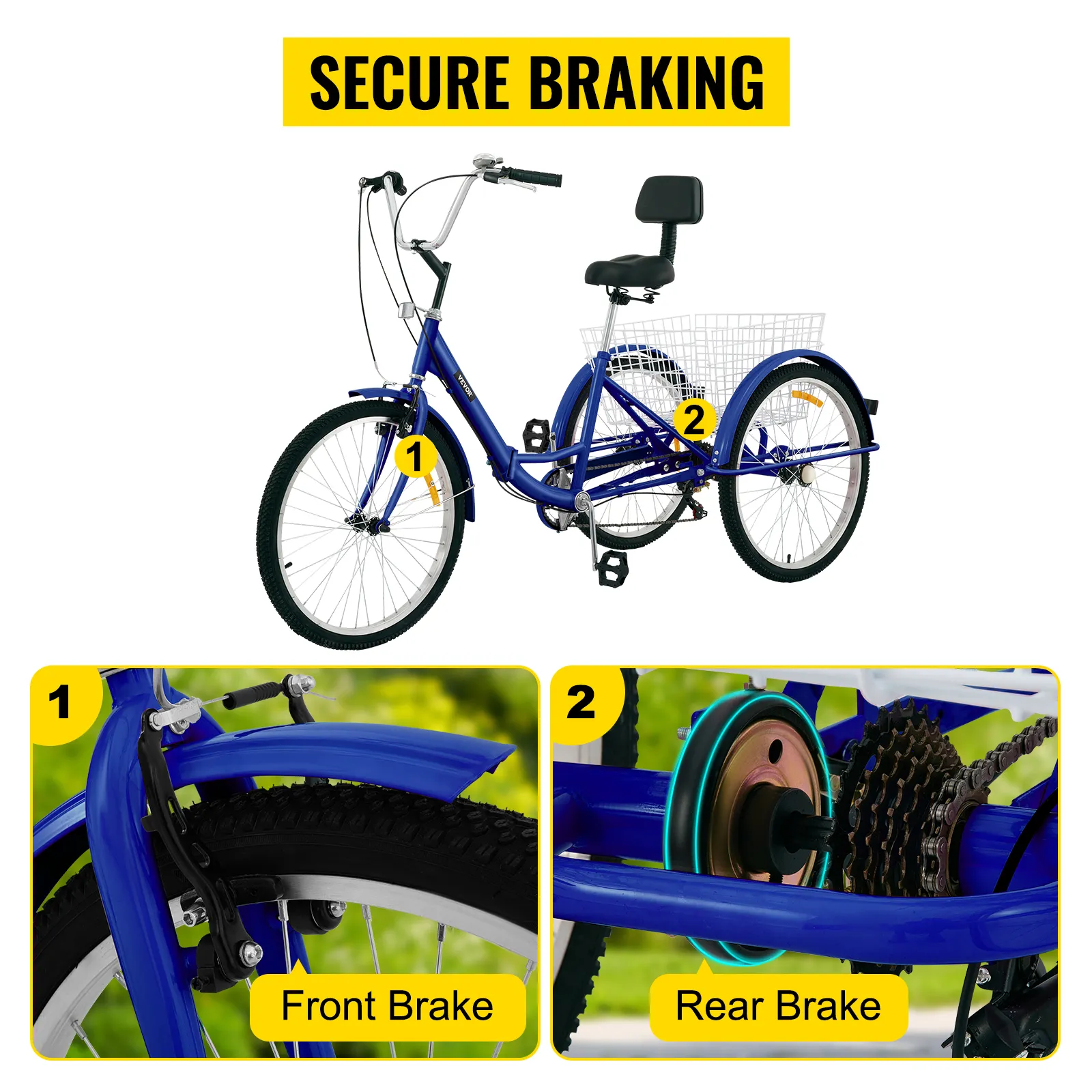 VEVOR adult tricycle showcasing secure front and rear braking systems.