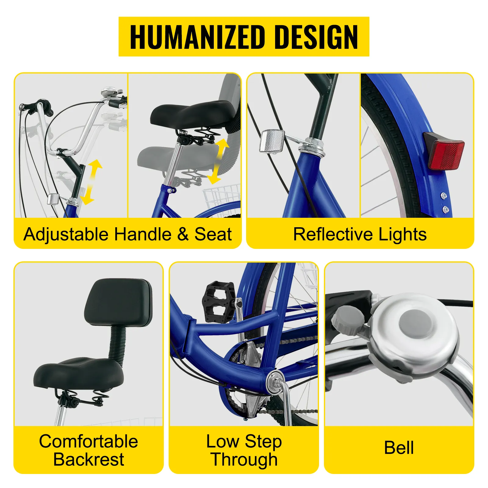 VEVOR adult tricycle features adjustable handle, seat, bell, and reflective lights.