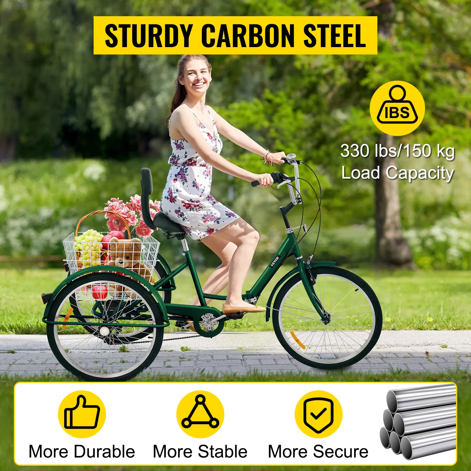 Triciclo para adultos VEVOR con una mujer conduciendo, fabricado en acero al carbono resistente y amplia capacidad de carga.