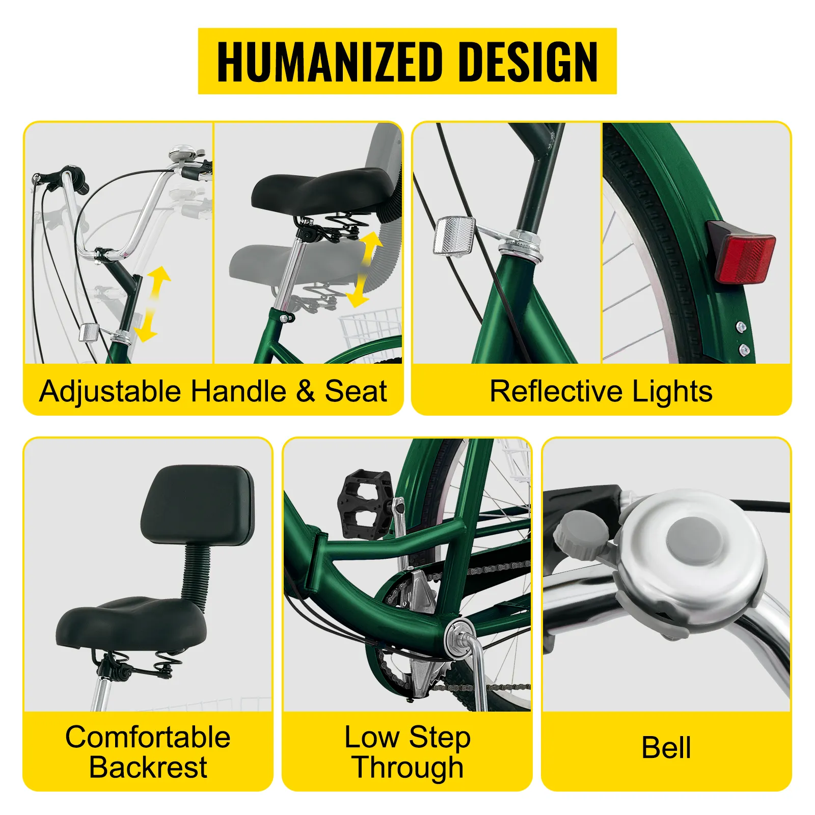 El triciclo para adultos VEVOR cuenta con manillar ajustable, asiento, luces reflectantes, respaldo y timbre.