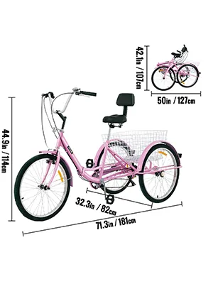 Triciclo VEVOR rosa para adultos con canasta y asiento, dimensiones etiquetadas para referencia de tamaño.