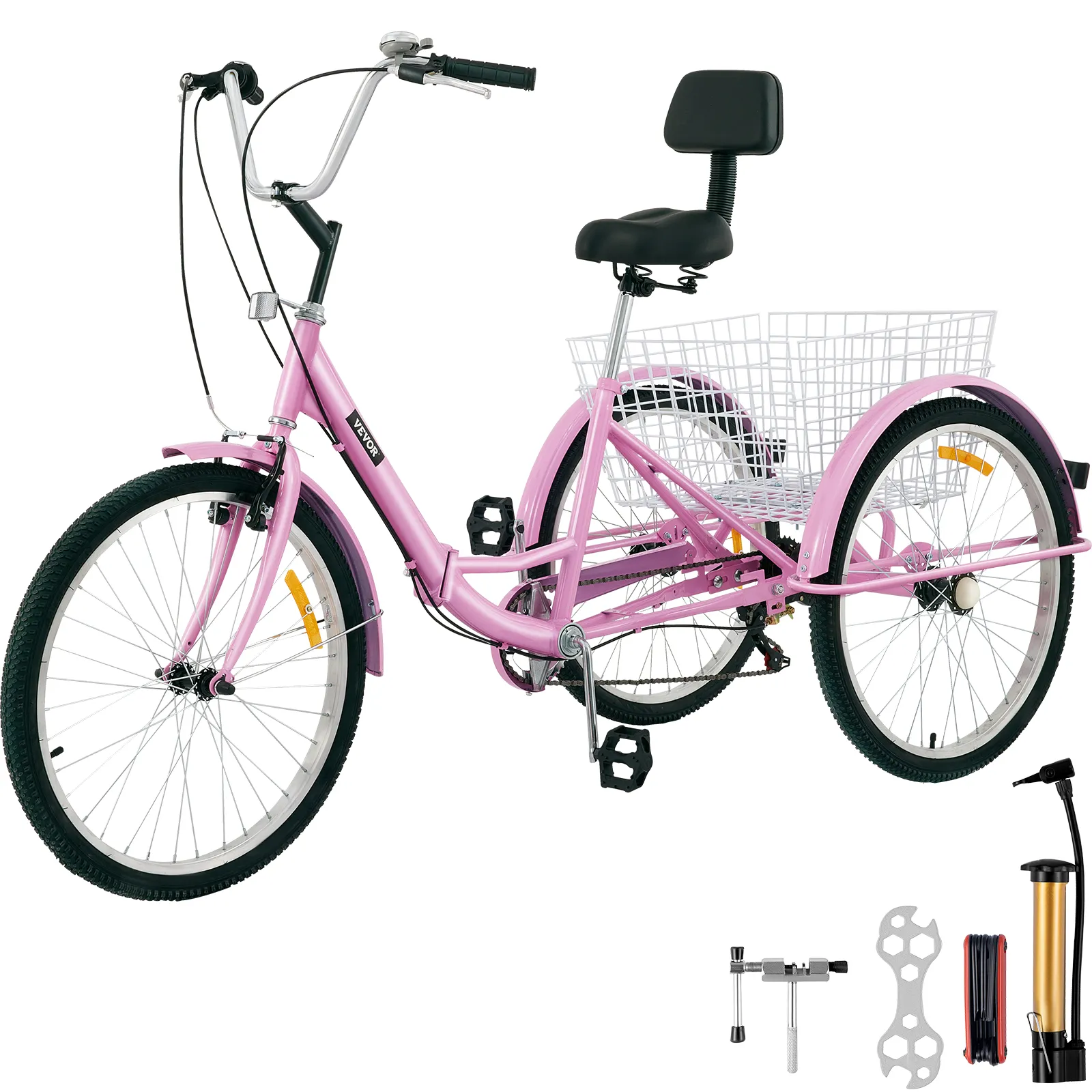 Triciclo VEVOR rosa para adultos con respaldo, cesta grande y herramientas de montaje incluidas.
