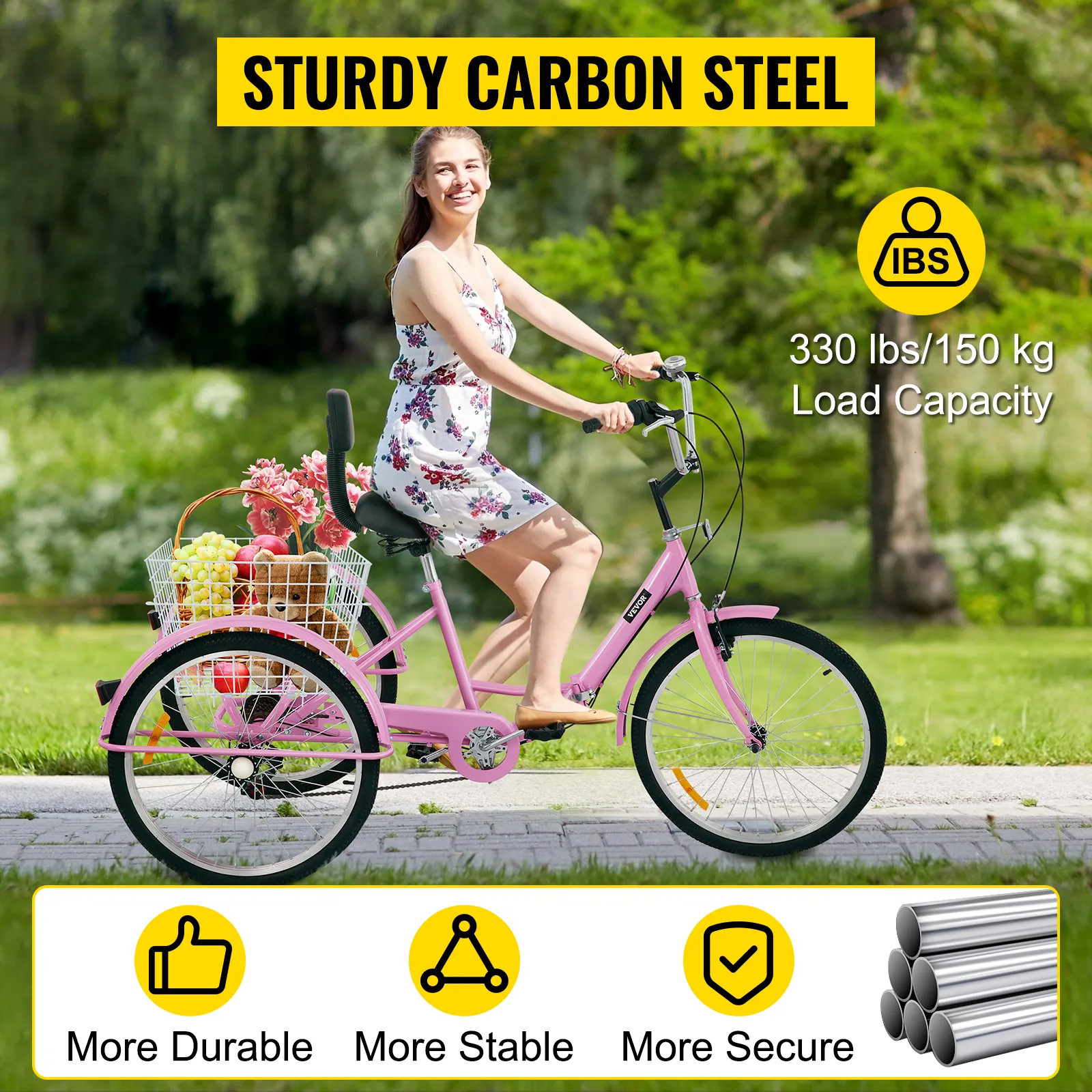 Triciclo para adultos VEVOR en color rosa con cesta trasera y estructura de acero al carbono resistente.